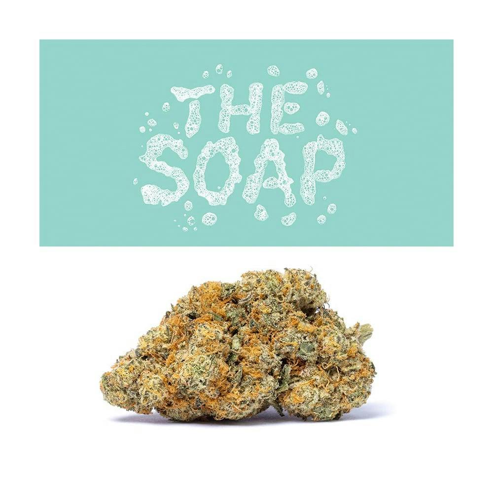 Photo of The Soap strain label from Cookies and a nug of The Soap flower